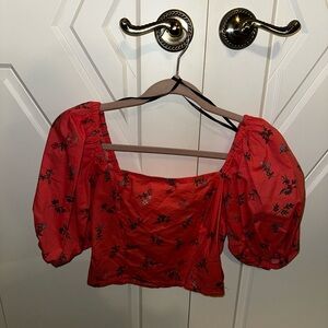 Red Floral Puff Sleeve Top